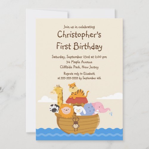 Cute Noah's Ark Baby Animals Birthday Party Custom Announcements