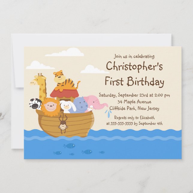Cute Noah's Ark Baby Animals Birthday Party Invitation (Front)