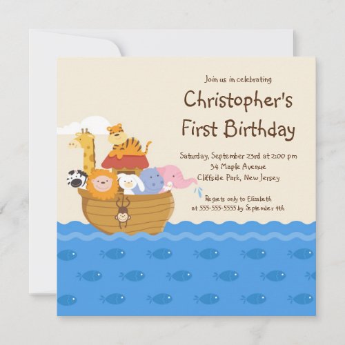 Cute Noah's Ark Baby Animals Birthday Party Personalized Invitation