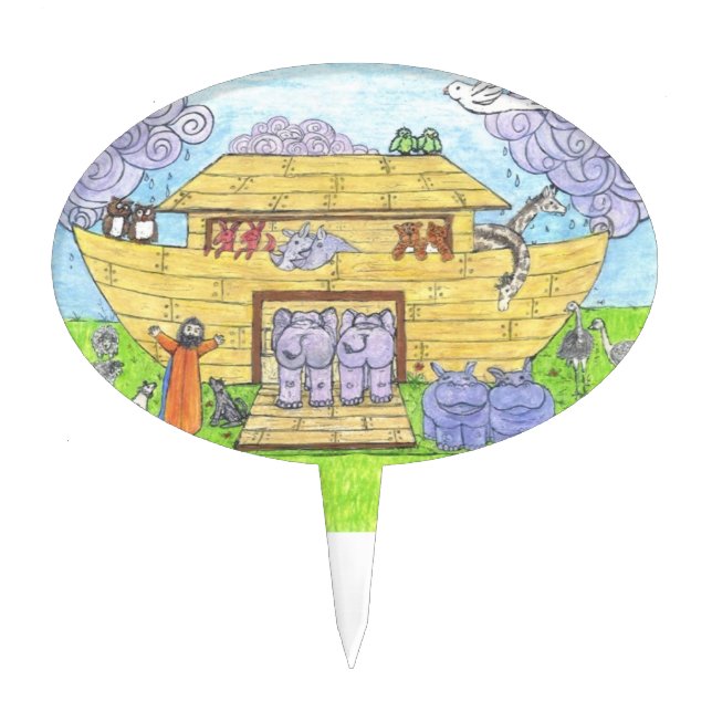 Cute Noah's Ark funny animals colorful rainbow Cake Topper (Front)