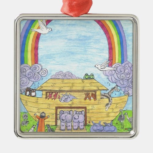 Cute Noahs Ark funny animals colorful rainbow Metal Ornament
