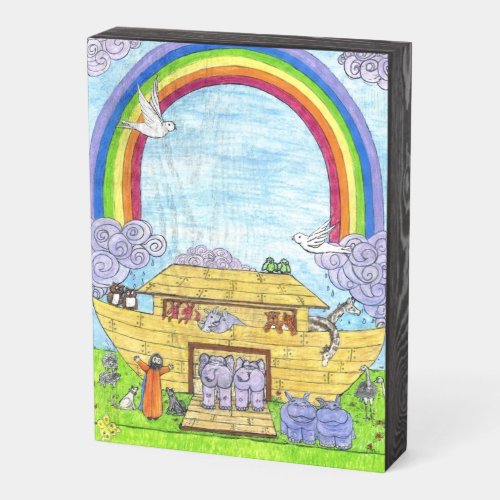 Cute Noahs Ark funny animals colorful rainbow Wooden Box Sign