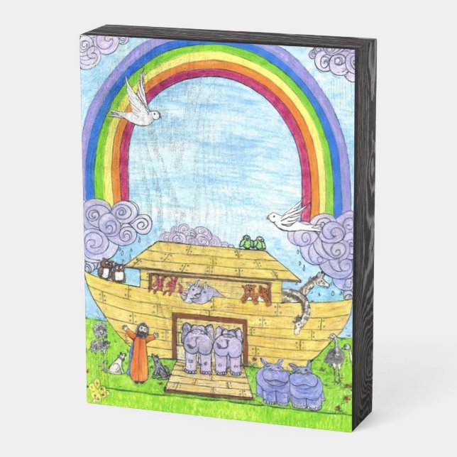 Cute Noah's Ark funny animals colorful rainbow Wooden Box Sign (Angled Vertical)