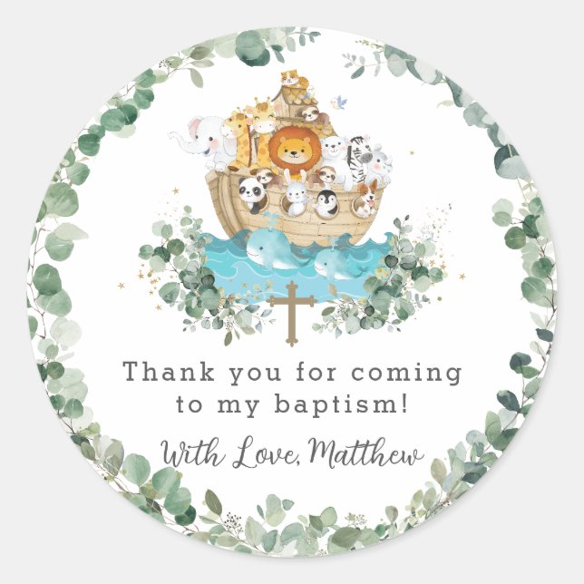 Cute Noah's Ark Greenery Baptism Christening Favor Classic Round Sticker (Front)