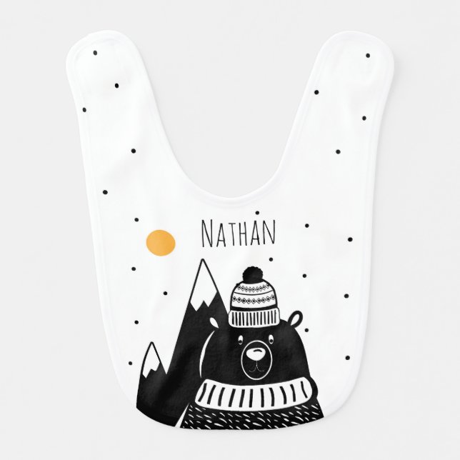 Cute Nordic Bear and Mountain Art Personalised Baby Bib (Front)