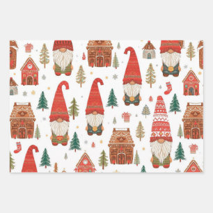 Cute Nordic Christmas Gnomes & Gingerbread Village Wrapping Paper Sheets