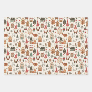 Cute Nordic Christmas Gnomes & Gingerbread Village Wrapping Paper Sheets