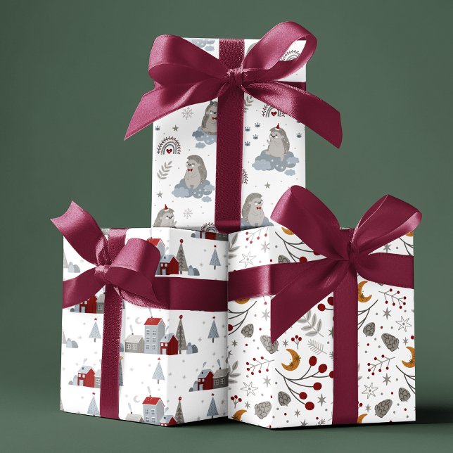 Cute Nordic Christmas Houses Hedgehog Floral Wrapping Paper Sheets (Creator Uploaded)