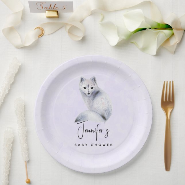 Cute Nordic Fox with Floral Markings Baby Shower Paper Plates (Wedding)