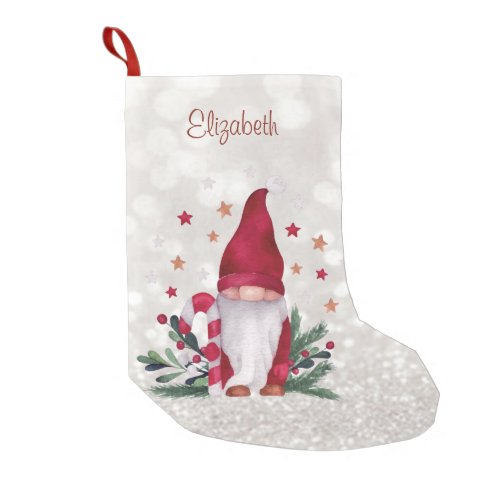 Cute Nordic Gnome Glittery Bokeh Small Christmas Stocking