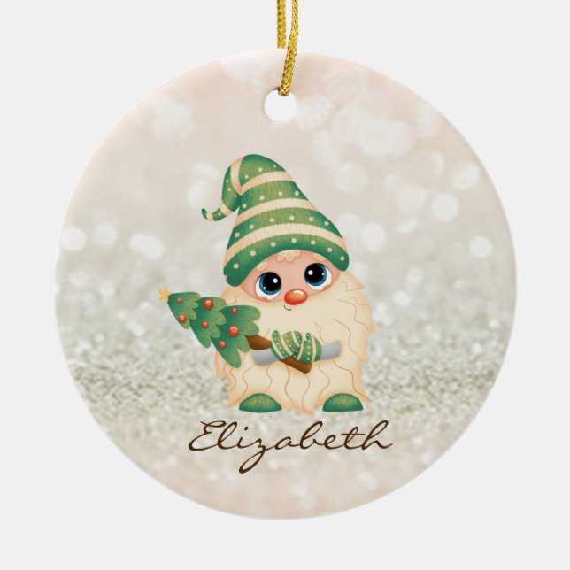 Cute Nordic Gnome Pine Tree Bokeh Ceramic Ornament (Front)