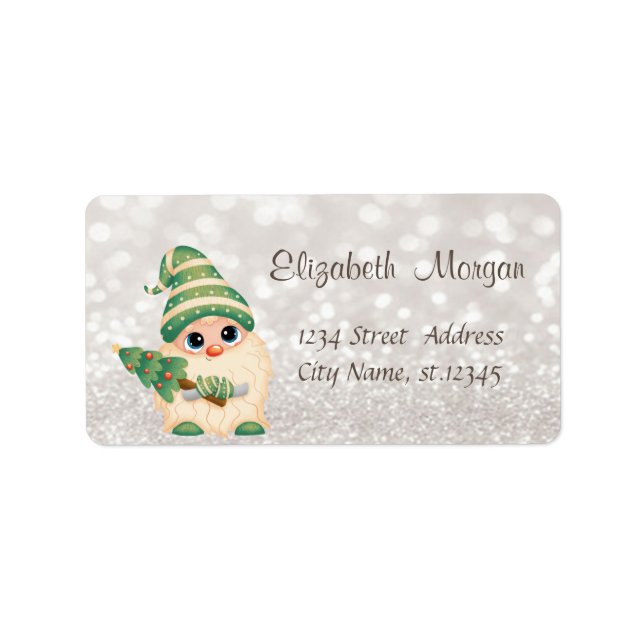Cute Nordic Gnome Pine Tree Glittery Bokeh Label (Front)