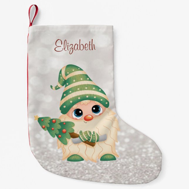 Cute Nordic Gnome,Pine Tree Glittery Bokeh Small Christmas Stocking (Front)