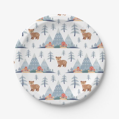 Cute Nordic Holiday Bear Pattern Paper Plates