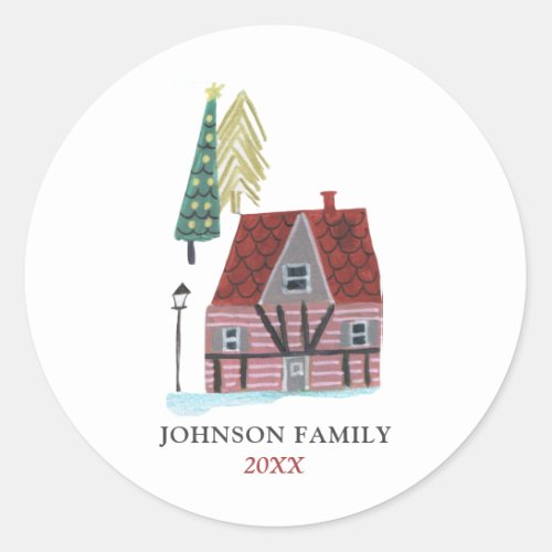 Cute Nordic House Village Christmas  Classic Round Sticker