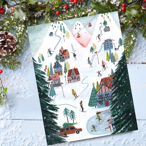 Cute Nordic skating Village Christmas  Holiday Postcard
