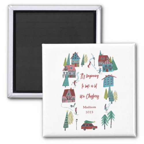 Cute Nordic skiing Village Christmas Party Magnet