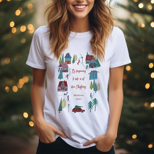 Cute Nordic skiing Village Christmas Party T_Shirt