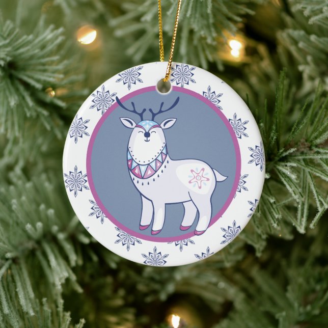 Cute Nordic Style Reindeer Kids Personalized Ceramic Ornament (Tree)