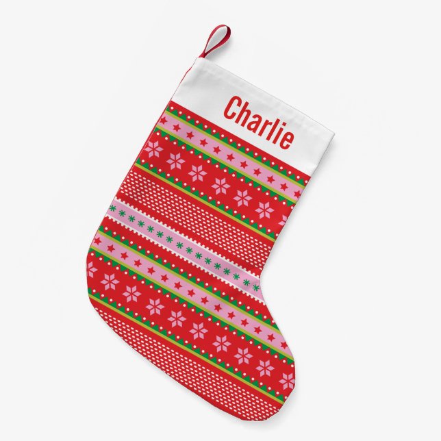 Cute Nordic Sweater pattern red pink green Small Christmas Stocking (Front (Hanging))