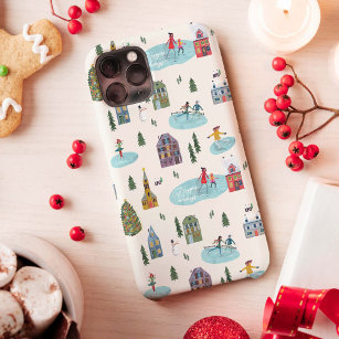 Cute Nordic Winter landscape houses skating people iPhone 11 Case