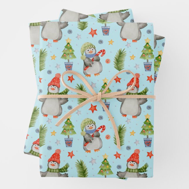 Cute North Pole Christmas Penguins Wrapping Paper Sheets (In situ)
