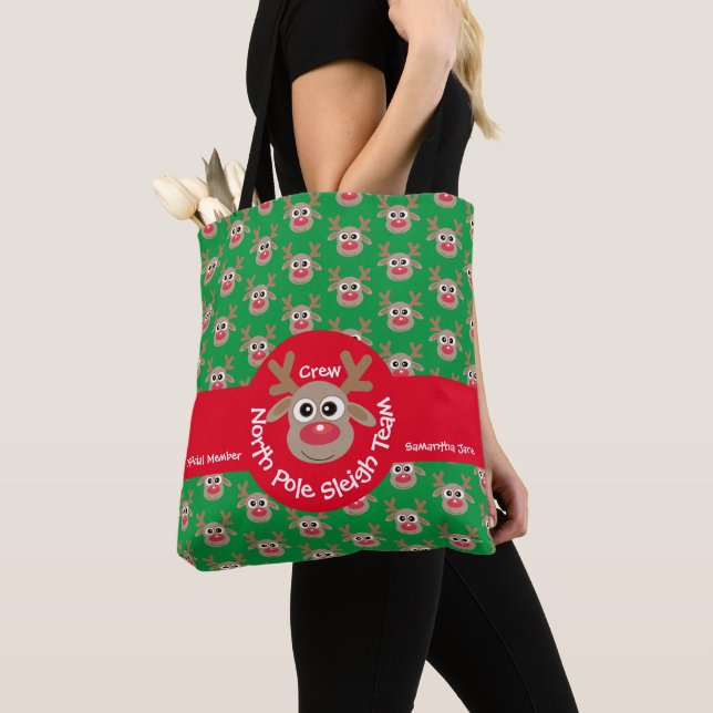 Cute North Pole Sleigh Team Crew Reindeer Pattern Tote Bag (Close Up)