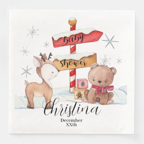 Cute North Pole Winter Theme Baby Shower Paper Dinner Napkins