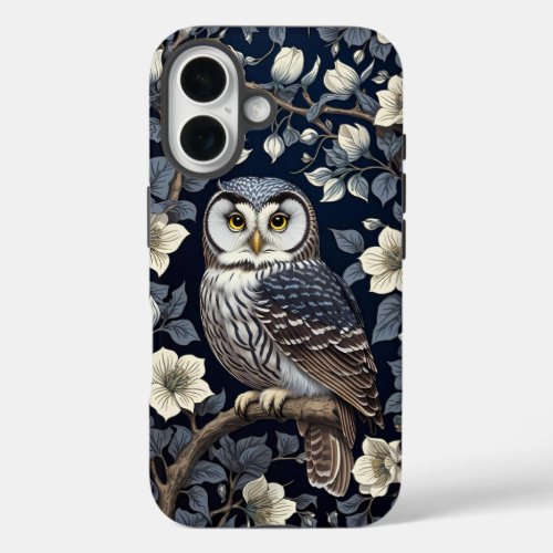 Cute Northern Saw-Whet Owl And Moonflowers On Navy iPhone 16 Case