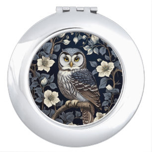 Cute Northern Saw-Whet Owl And Moonflowers On Navy Compact Mirror