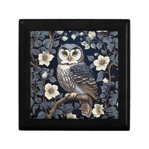 Cute Northern Saw-Whet Owl And Moonflowers On Navy Gift Box