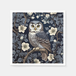 Cute Northern Saw-Whet Owl And Moonflowers On Navy Napkins