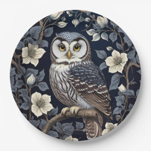 Cute Northern Saw-Whet Owl And Moonflowers On Navy Paper Plates