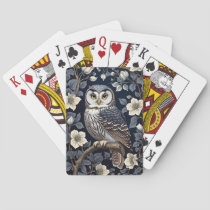 Cute Northern Saw-Whet Owl And Moonflowers On Navy Poker Cards