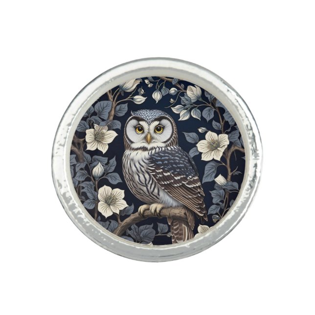 Cute Northern Saw-Whet Owl And Moonflowers On Navy Ring (Front)