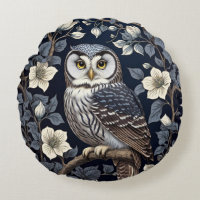 Cute Northern Saw-Whet Owl And Moonflowers On Navy