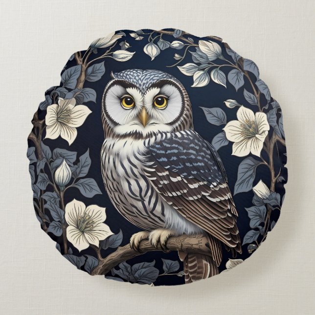 Cute Northern Saw-Whet Owl And Moonflowers On Navy Round Pillow (Front)