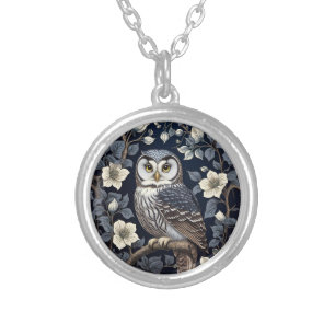 Cute Northern Saw-Whet Owl And Moonflowers On Navy Silver Plated Necklace