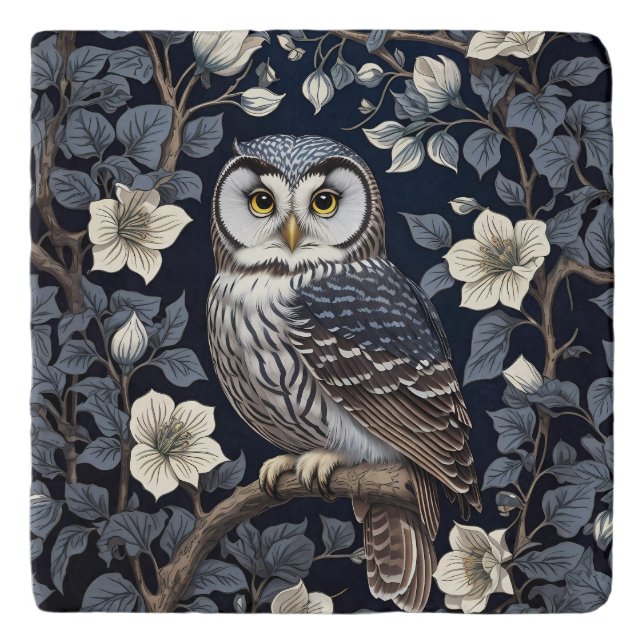 Cute Northern Saw-Whet Owl And Moonflowers On Navy Trivet (Front)