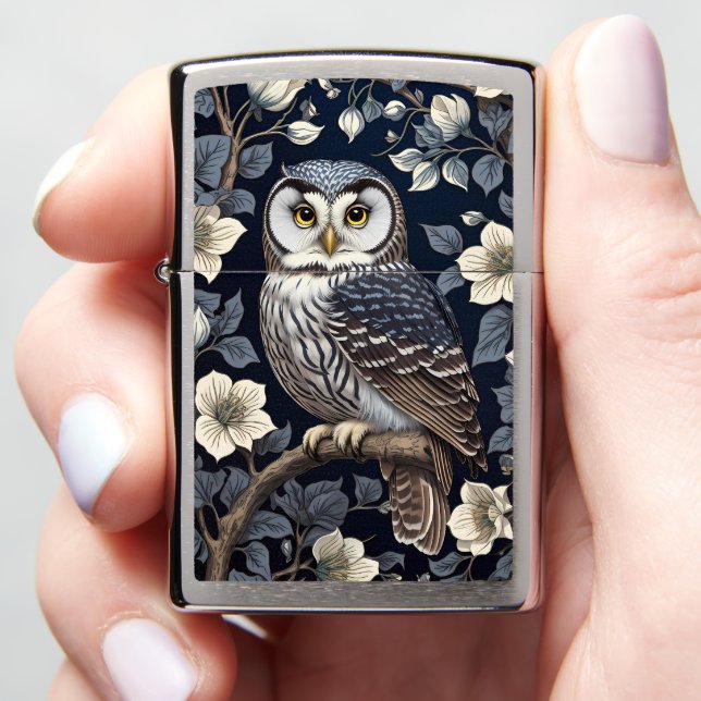 Cute Northern Saw-Whet Owl And Moonflowers On Navy Zippo Lighter (In Hand)