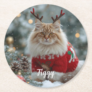 Cute Norwegian Forest Cat Christmas Personalized  Round Paper Coaster
