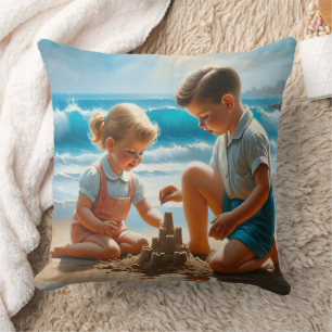 Cute Nostalgic Children at the Beach 50's Era Throw Pillow