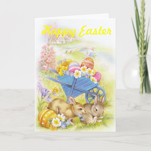 Cute nostalgic vintage easter bunnies holiday card (Front)