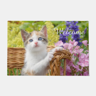 Cute Nosy Baby Cat Kitten in a Flowering Garden Doormat