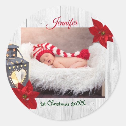 Cute Not So Silent Night Baby 1st Christmas Photo Classic Round Sticker