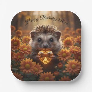 Cute November Hedgehog with Topaz Heart Paper Plates