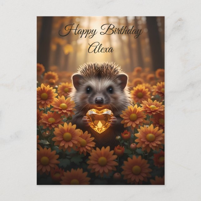 Cute November Hedgehog with Topaz Heart Postcard (Front)