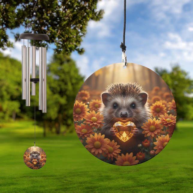 Cute November Hedgehog with Topaz Heart Wind Chime (Outdoor)