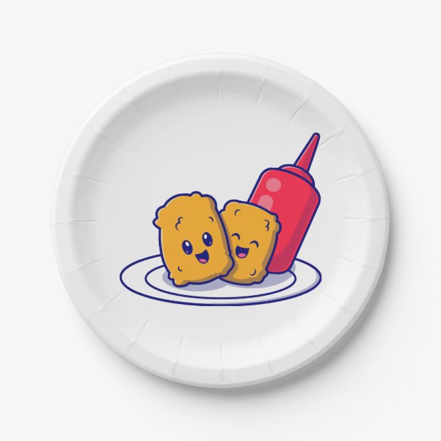 Cute Nuggets Smile With Sauce Cartoon  Paper Plates (Front)
