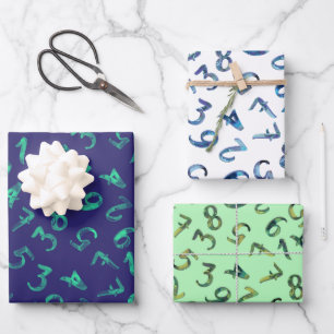 Cute Numbers Pattern Navy Blue Green Mathematics Wrapping Paper Sheets